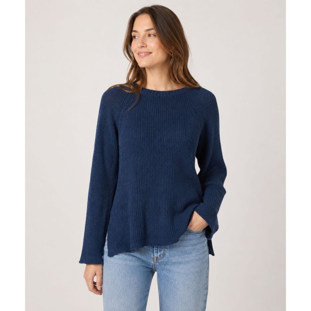 Eileen Fisher Organic Cotton Linen Navy Blue Knit Pullover Side Split Sweater
